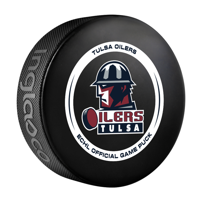 Tulsa Oilers black ECHL official game puck with red, white and black oilman in hardhat and Oilers Tulsa wordmark