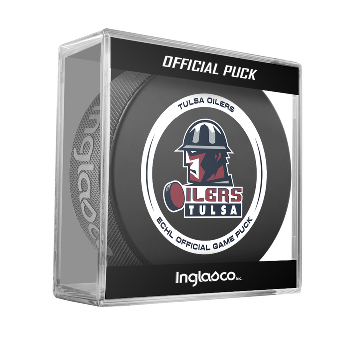 Tulsa Oilers ECHL official game puck displayed in clear Official Puck cube showing red, white and black hard-hat oilman logo
