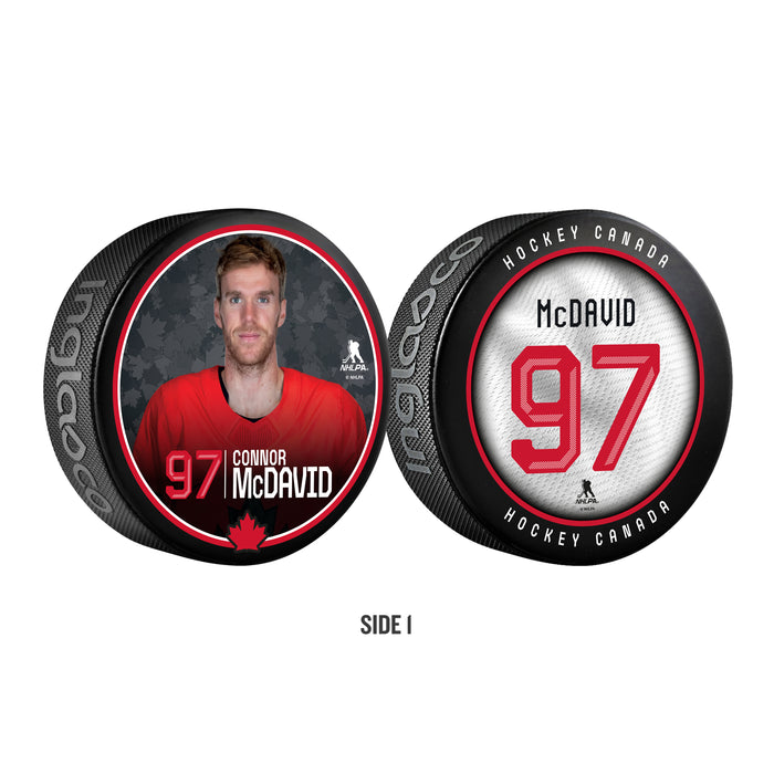 Hockey Canada Connor McDavid Team Canada player puck side 1 with portrait and jersey number 97 in red
