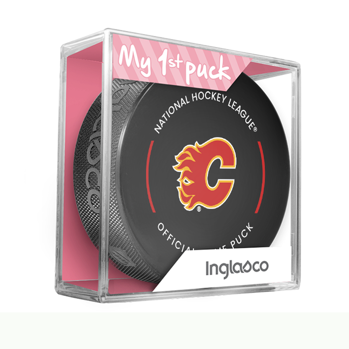 NHL Calgary Flames Officially Licensed 2023-2024 Team Game Puck Design In Cube - New Fan Pink