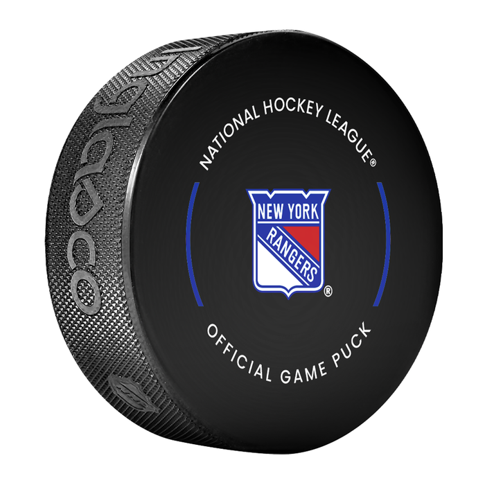 NHL New York Rangers Officially Licensed 2024-25 Team Game Hockey Puck Design- In Cube