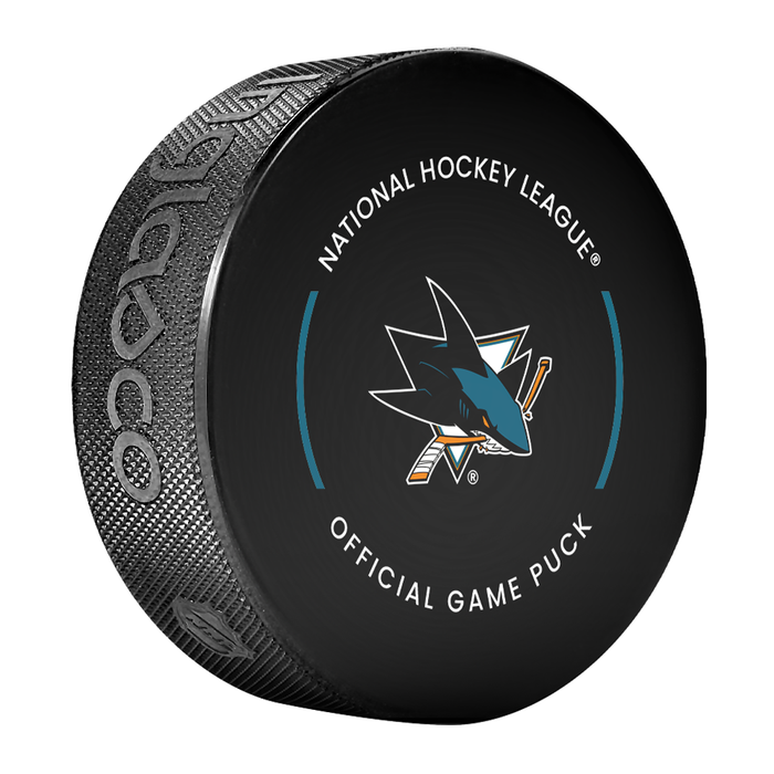 NHL San Jose Sharks Officially Licensed 2024-25 Team Game Hockey Puck Design- In Cube