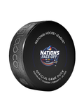 2025 NHL 4 Nations Face-Off  Boston Feb-17-20 2025 Official Game Puck Design- in Cube