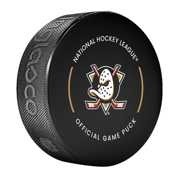 Modèle de rondelle de match 2025-2026 sous licence officielle des Ducks d'Anaheim de la LNH dans un cube
