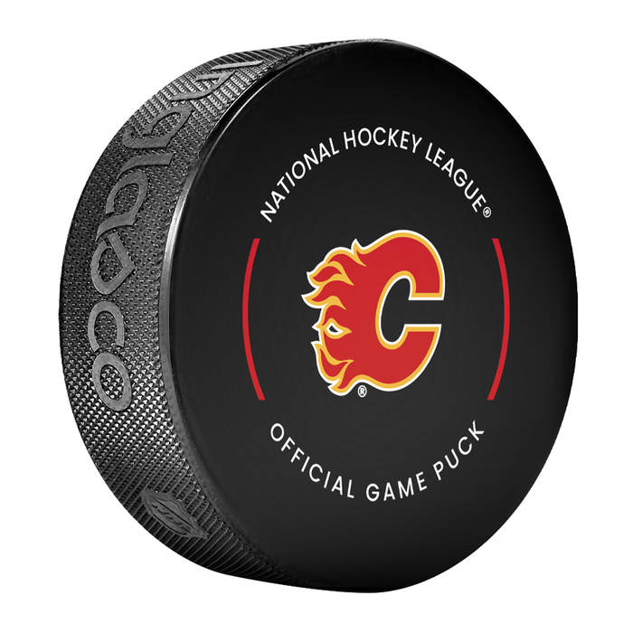 NHL Calgary Flames Officially Licensed 2025-2026 Game Puck Design In Cube