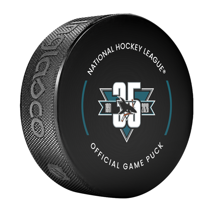 NHL San Jose Sharks 35th Anniversary Officially Licensed 2025-2026 Game Puck Design In Cube