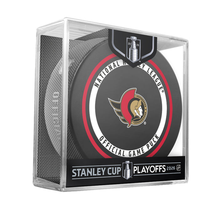 NHL Stanley Cup Playoffs 2026 Ottawa Senators game puck in clear cube with red-ringed centurion logo face