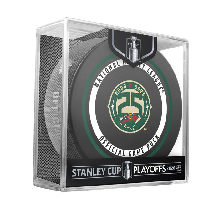 Minnesota Wild NHL Playoffs 2026 official game puck displayed in clear Stanley Cup Playoffs cube package
