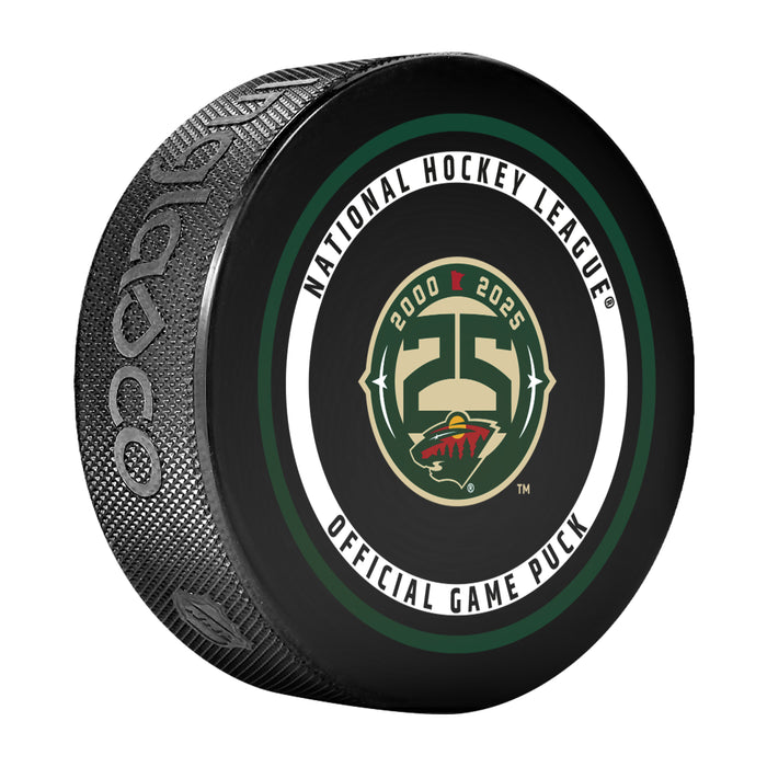 Minnesota Wild NHL Official Game Puck angled view with green and gold circular border around team logo