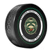 Minnesota Wild NHL Official Game Puck angled view with green and gold circular border around team logo