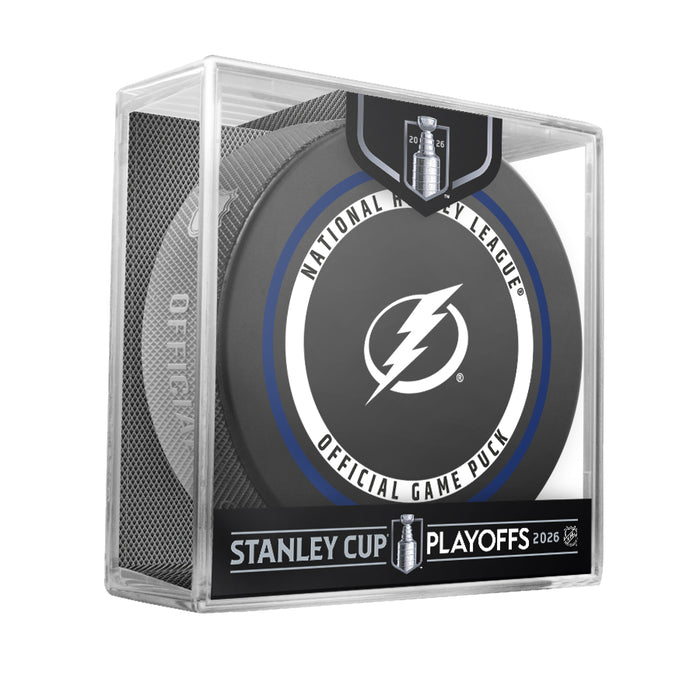 Tampa Bay Lightning NHL Playoffs 2026 official game puck displayed in clear Stanley Cup Playoffs cube package