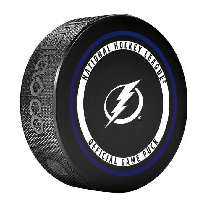 Tampa Bay Lightning NHL Official Game Puck angled view with navy-ringed circular border around team logo