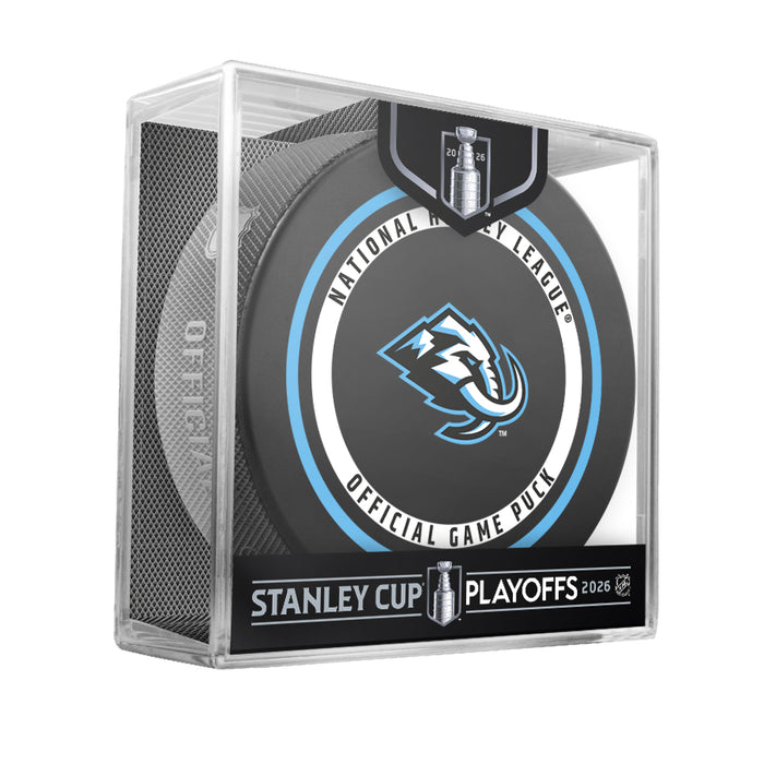 Utah Mammoth NHL Playoffs 2026 official game puck displayed in clear Stanley Cup Playoffs cube package