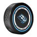 Utah Mammoth NHL Official Game Puck angled view with light blue ringed circular border around team logo