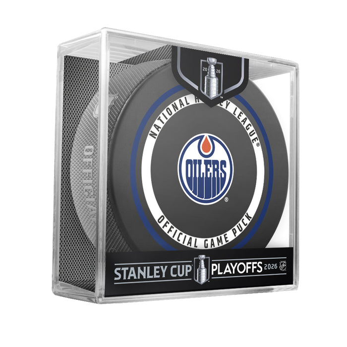 Edmonton Oilers NHL Playoffs 2026 official game puck displayed in clear Stanley Cup Playoffs cube package