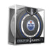 Edmonton Oilers NHL Playoffs 2026 official game puck displayed in clear Stanley Cup Playoffs cube package