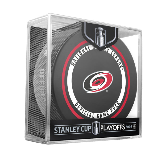 Carolina Hurricanes NHL Playoffs 2026 official game puck displayed in clear Stanley Cup Playoffs cube package