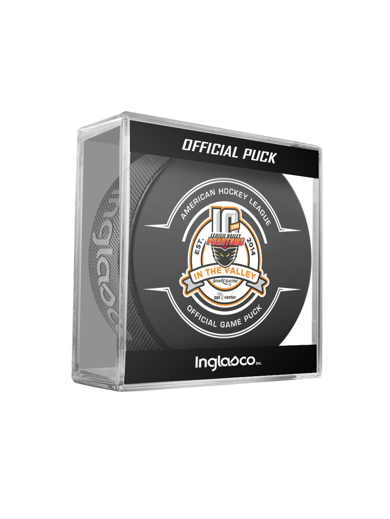 AHL Lehigh Valley Phantoms 10th Anniversary 2023-24 Official Game Hockey Puck In Cube