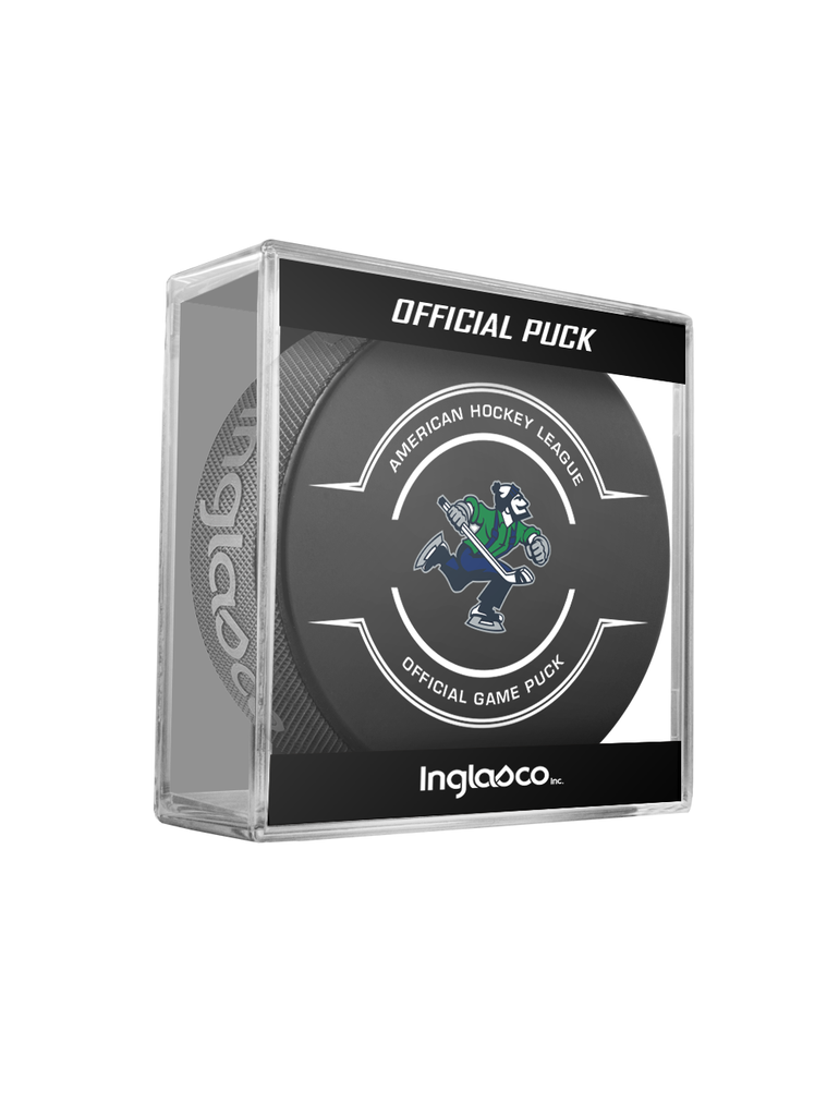AHL Abbotsford Canucks 2023-24 Official Game Hockey Puck In Cube