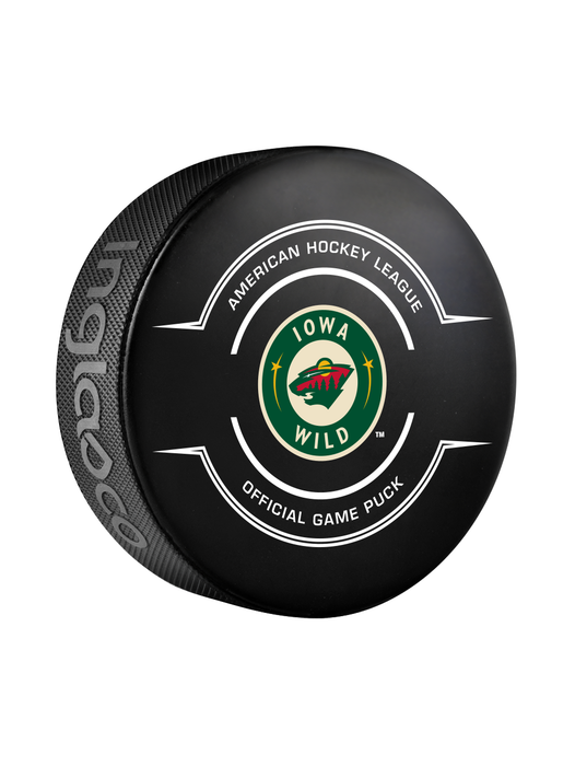 Rondelle de hockey officielle AHL Iowa Wild 2024-25 dans un cube
