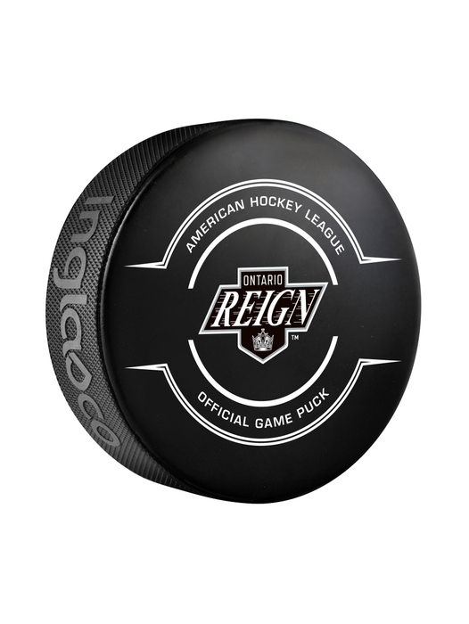 Rondelle de hockey officielle du match Ontario Reign 2024-25 de la AHL dans un cube