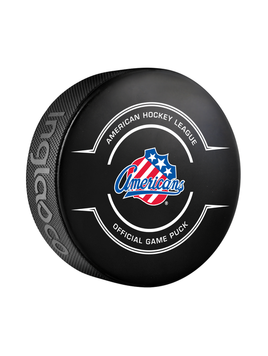 Rondelle de hockey officielle des Rochester Americans de la AHL 2024-25 dans un cube