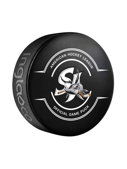 Rondelle de hockey officielle AHL San Jose Barracuda 2024-25 dans un cube