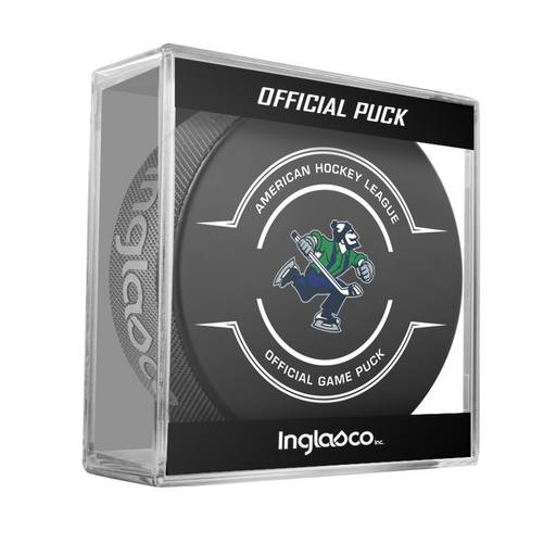 AHL Abbotsford Canucks 2025-26 Official Game Hockey Puck In Cube
