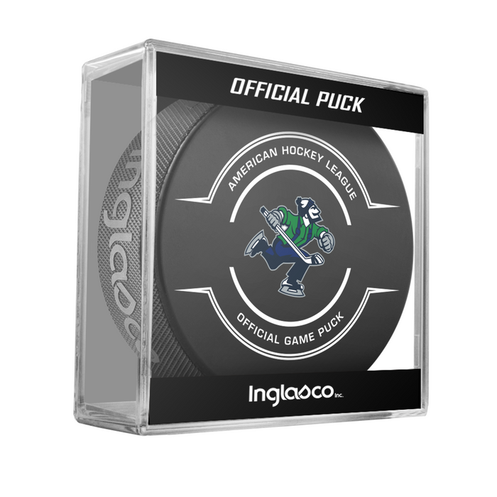 AHL Abbotsford Canucks 2025-26 Official Game Hockey Puck In Cube