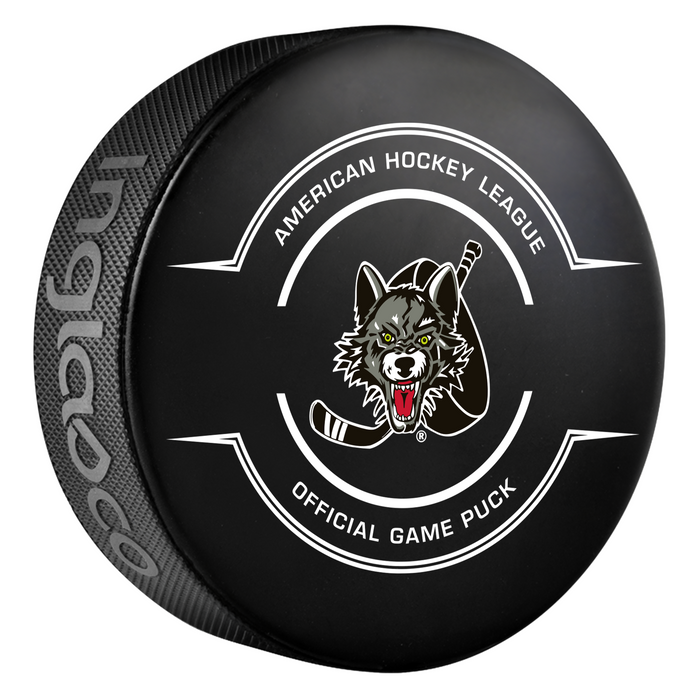 AHL Chicago Wolves 2025-26 Official Game Hockey Puck In Cube