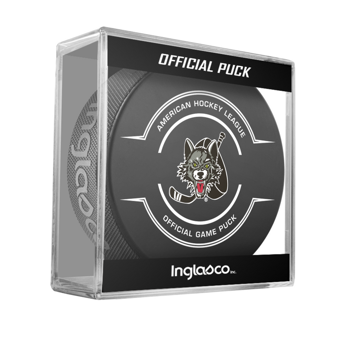 AHL Chicago Wolves 2025-26 Official Game Hockey Puck In Cube