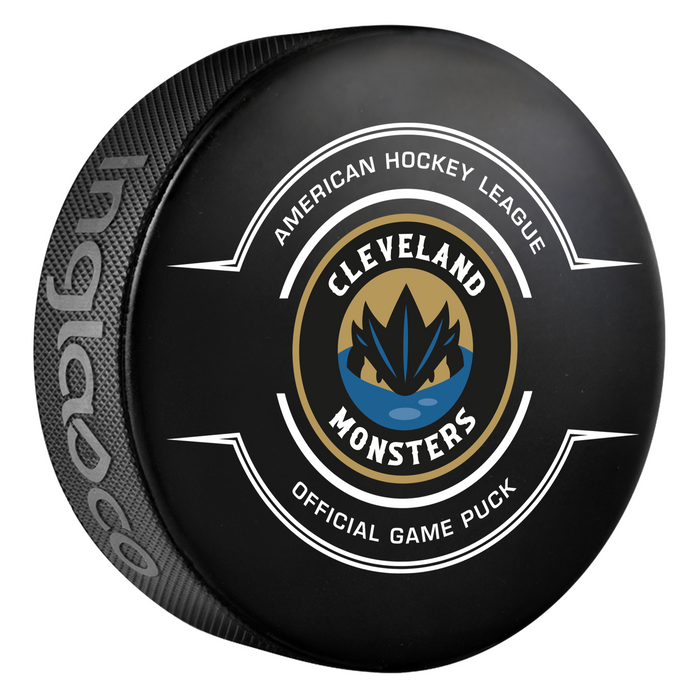 AHL Cleveland Monsters 2025-26 Official Game Hockey Puck In Cube