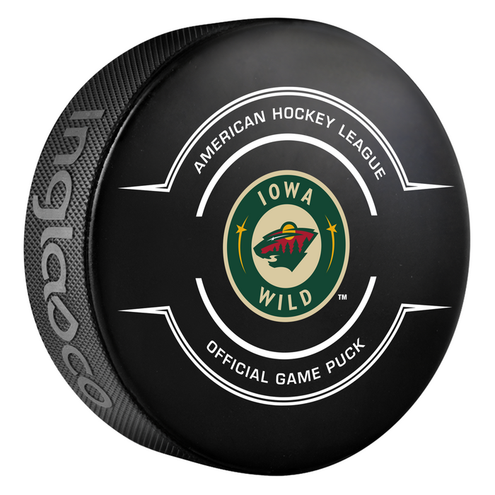 AHL Iowa Wild 2025-26 Official Game Hockey Puck In Cube