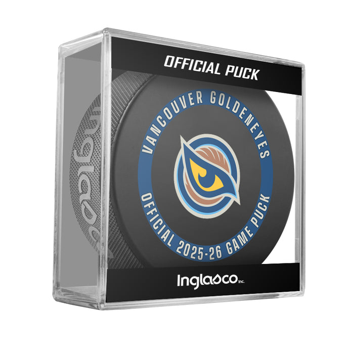 PWHL Vancouver Goldeneyes Officially Licensed 2025-26 Game Puck Design In Cube