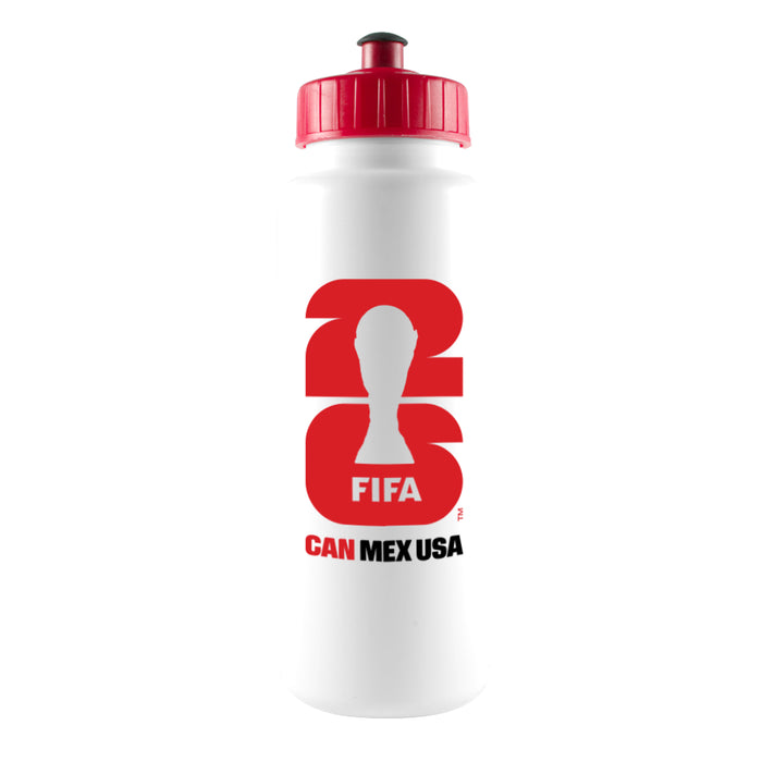 FIFA World Cup 26 CAN MEX USA tall white sport water bottle with red pull-top lid and red trophy logo