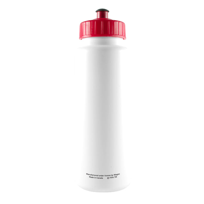 FIFA World Cup 26 tall white water bottle back view with red pull-top lid and license print