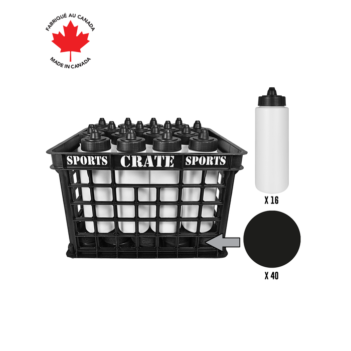 Caisse Coach avec bouteilles à membrane : Achetez canadien ! Comprend 1 caisse de sport noire avec 40 rondelles de hockey Canadian Pro 6 oz noires et 16 bouteilles Tallboy blanches de 1 L