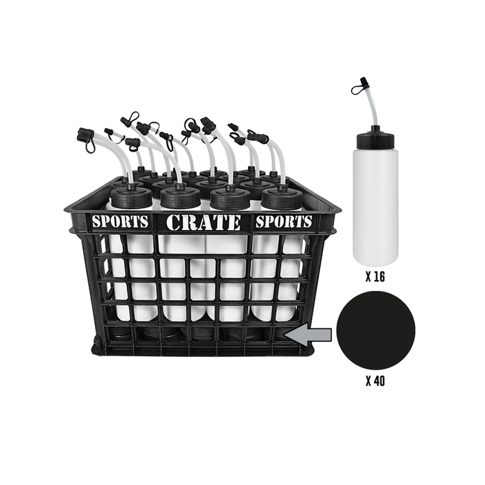 Caisse Coach avec bouteilles en paille de nouilles : comprend 1 caisse de sport noire avec 40 rondelles de hockey slovaques noires de 6 oz et 16 bouteilles Tallboy blanches de 1 L