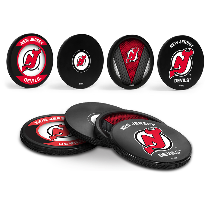 NHL New Jersey Devils Hockey Puck Drink Coasters (4-Pack) In Cube