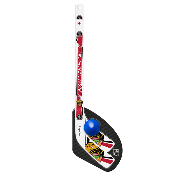 NHL Chicago Blackhawks mini hockey stick close-up with red blade, headdress logo and blue foam ball