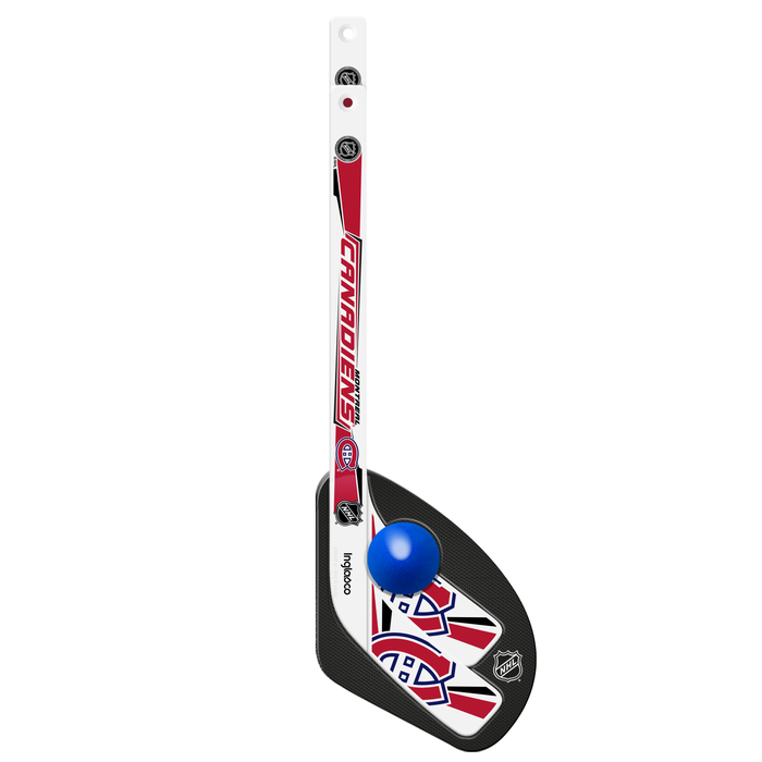 NHL Montreal Canadiens mini hockey stick close-up with red blade, CH crest and blue foam ball