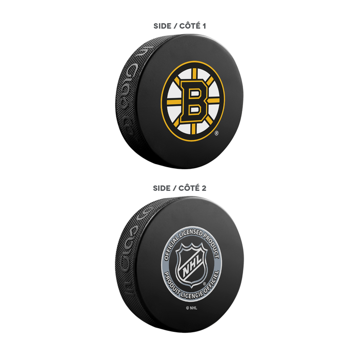 Coffret de 3 souvenirs de la LNH des Bruins de Boston. Comprend : 1 rondelle de hockey classique officielle de la LNH, 4 sous-verres et 1 support pour appareil multimédia.