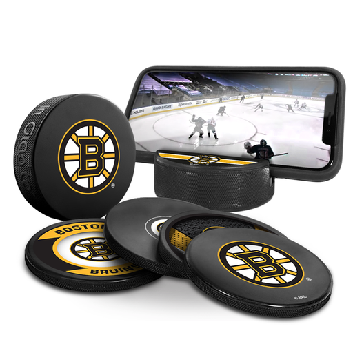 NHL Boston Bruins Ultimate Fan 3-Pack. Includes: 1 NHL Official Classic Souvenir Hockey Puck / 4 Coasters / 1 Media Device Holder