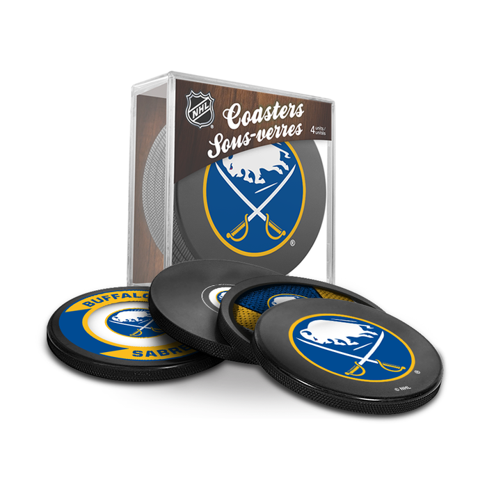 Coffret de 3 souvenirs de la LNH des Sabres de Buffalo. Comprend : 1 rondelle de hockey classique officielle de la LNH, 4 sous-verres et 1 support pour appareil multimédia.