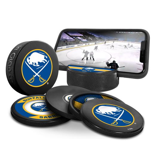NHL Buffalo Sabres Ultimate Fan 3-Pack. Includes: 1 NHL Official Classic Souvenir Hockey Puck / 4 Coasters / 1 Media Device Holder