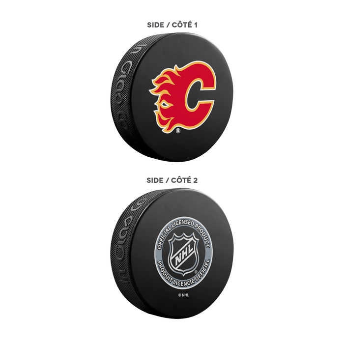 NHL Calgary Flames Ultimate Fan 3-Pack. Includes: 1 NHL Official Classic Souvenir Hockey Puck / 4 Coasters / 1 Media Device Holder