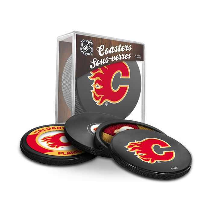 NHL Calgary Flames Ultimate Fan 3-Pack. Includes: 1 NHL Official Classic Souvenir Hockey Puck / 4 Coasters / 1 Media Device Holder