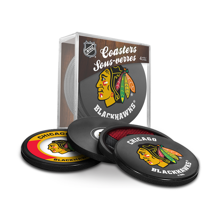 NHL Chicago Blackhawks Ultimate Fan 3-Pack. Includes: 1 NHL Official Classic Souvenir Hockey Puck / 4 Coasters / 1 Media Device Holder