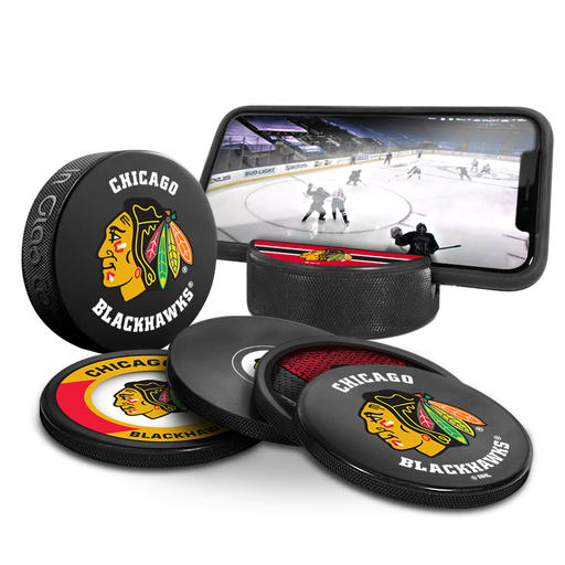 NHL Chicago Blackhawks Ultimate Fan 3-Pack. Includes: 1 NHL Official Classic Souvenir Hockey Puck / 4 Coasters / 1 Media Device Holder