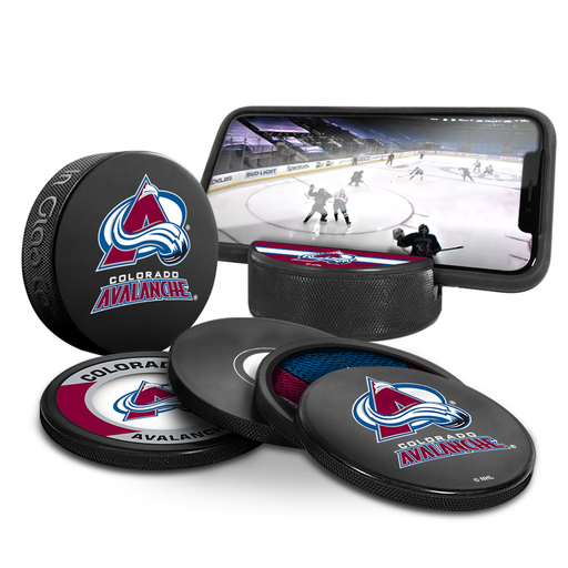 NHL Colorado Avalanche Ultimate Fan 3-Pack. Includes: 1 NHL Official Classic Souvenir Hockey Puck / 4 Coasters / 1 Media Device Holder